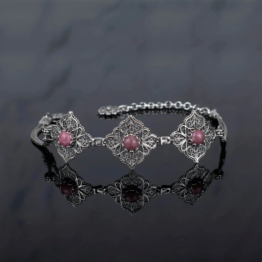 FiligranIst - Filigree Art Rhodonite Gemstone Women Adjustable Silver Link Bracelet