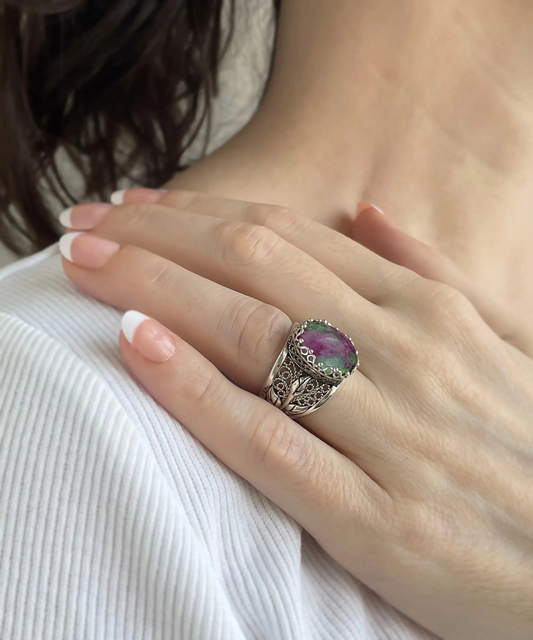 FiligranIst - Ruby Zoisite Tulip Filigree Silver Statement Ring