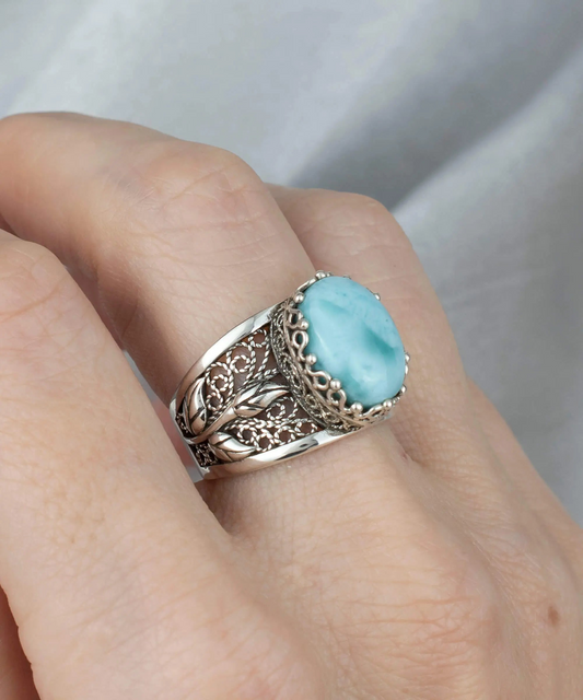 FiligranIst - Larimar Gemstone Filigree Tulip Silver Statement Ring