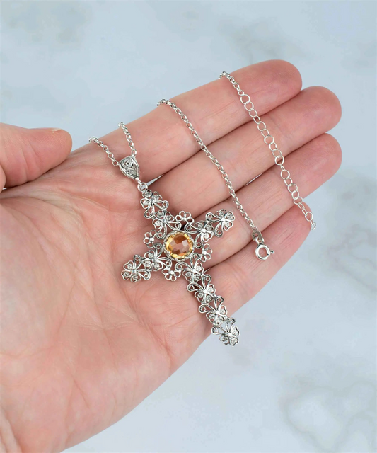 FiligranIst - Filigree Art Citrine Gemstone Silver Cross Pendant Necklace