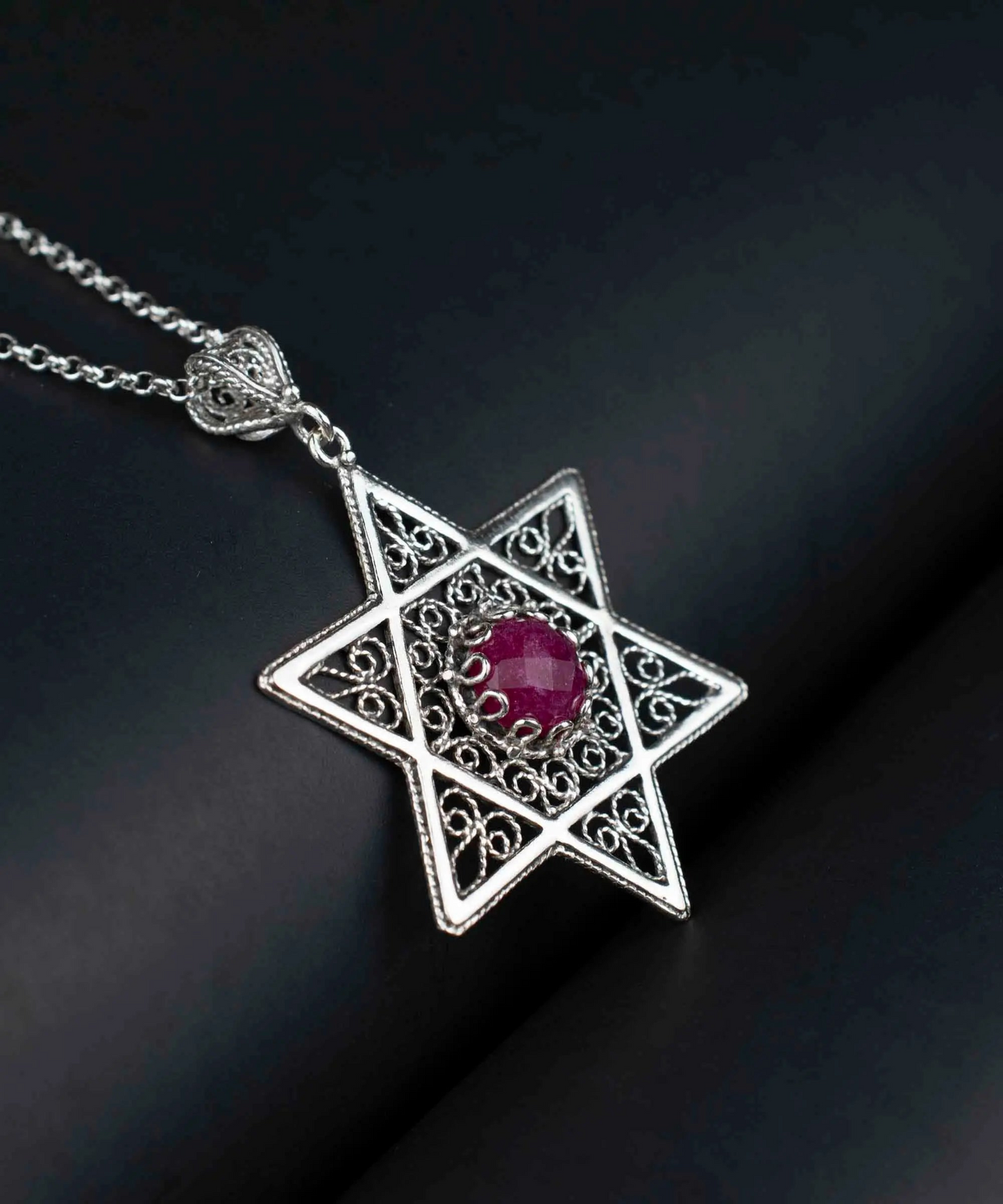 FiligranIst - Ruby Corundum Gemstone Star of David Filigree Silver Pendant Necklace
