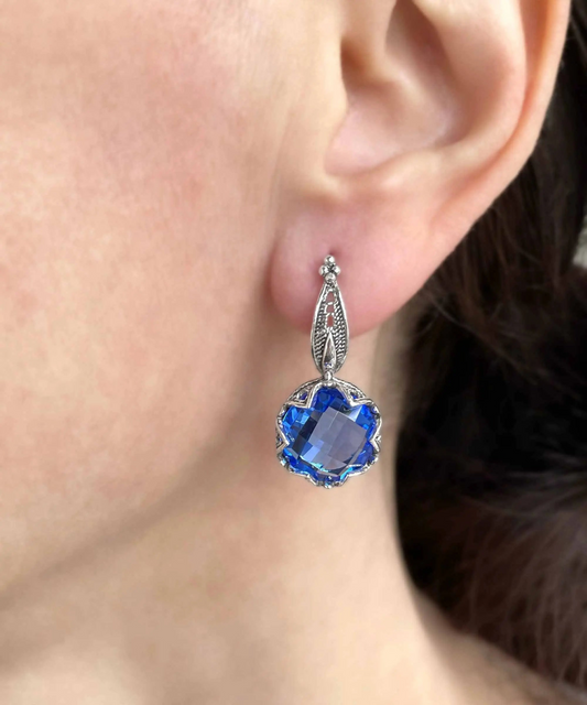 FiligranIst - Filigree Flower Design Blue Quartz Sterling Silver Dangle Earrings