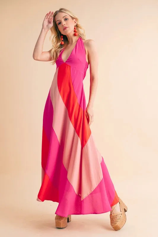 Aemi+Co Color Block Sleeveless Maxi Dress Pink Combo