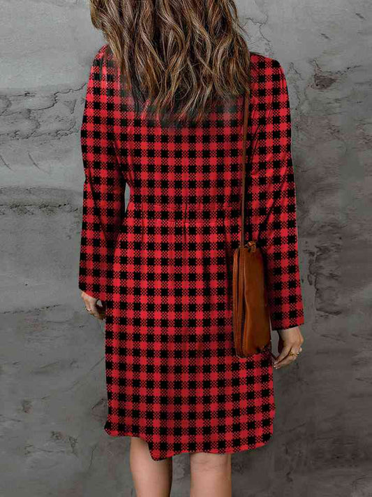 Double Take Full Size Plaid Round Neck Long Sleeve Magic Dress - Deep Red