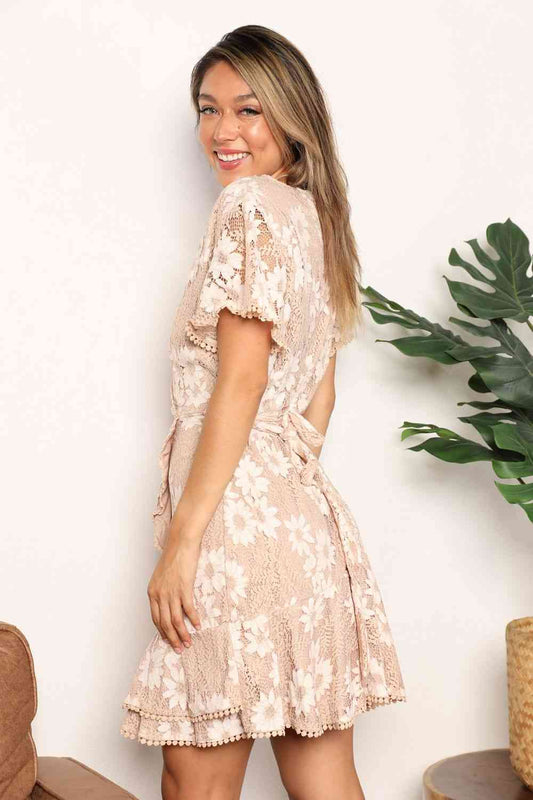Double Take Floral Lace Pompom Detail Tie-Waist Flutter Sleeve Dress - Sand