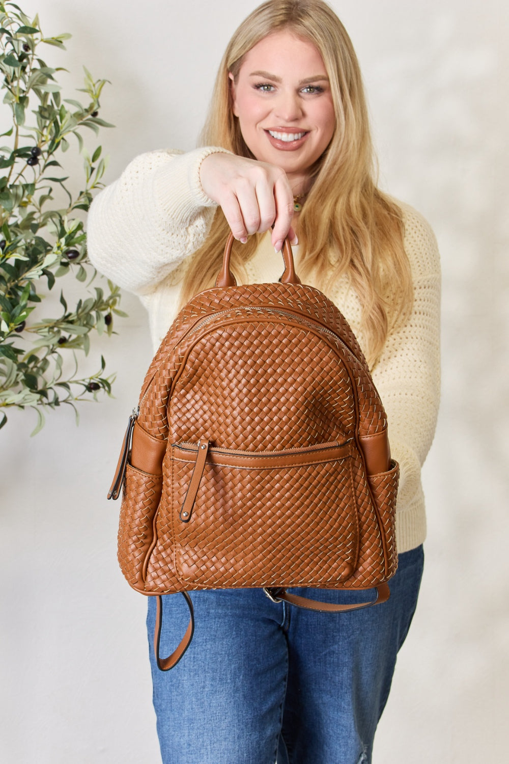 SHOMICO Medium Woven PU Leather Backpack