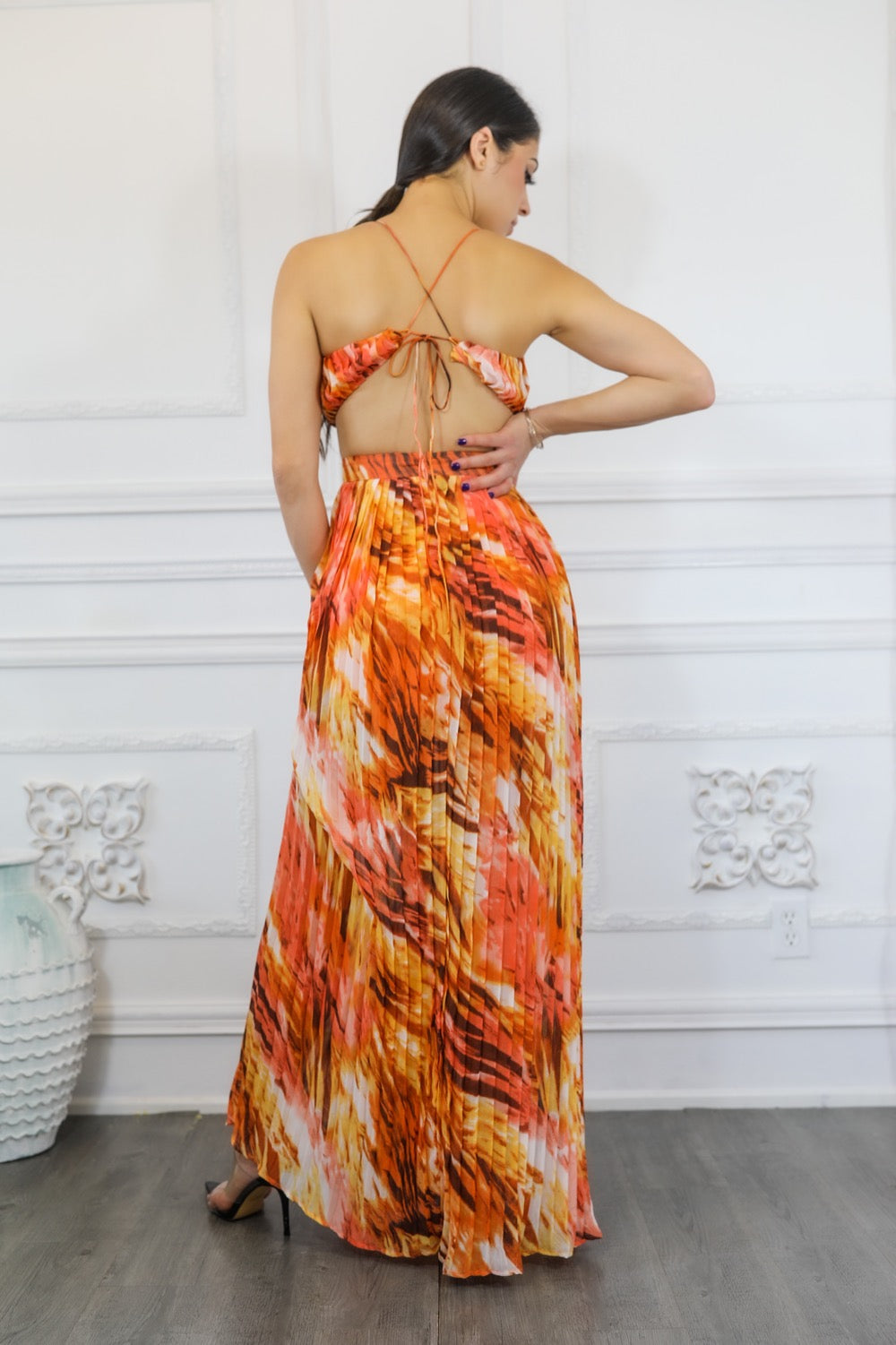 Pleated Cut Out Chiffon Maxi Dress