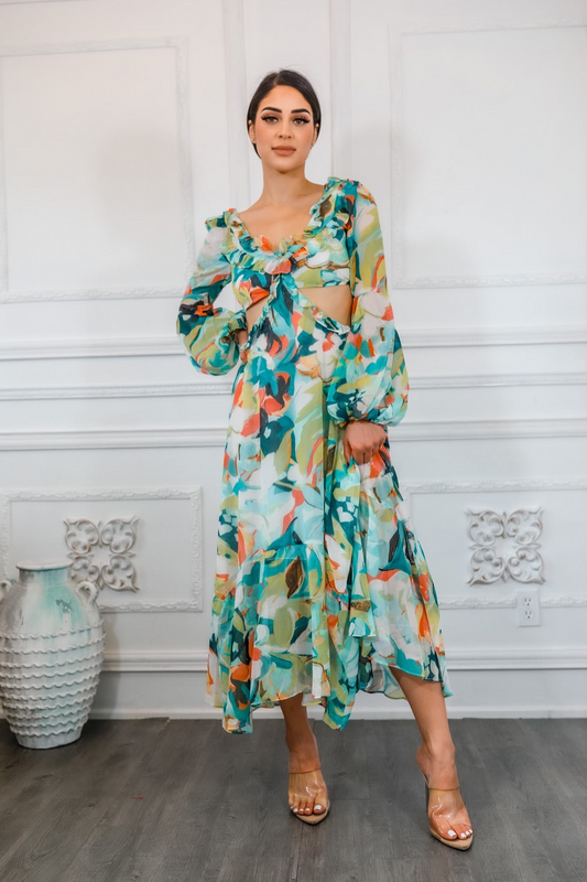 SurelyMine Bubble Sleeves Floral Cut-Out Ruffle Midi Dress