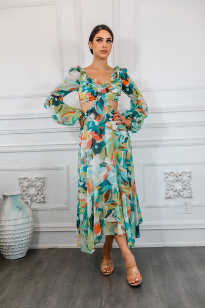 SurelyMine Bubble Sleeves Floral Cut-Out Ruffle Midi Dress