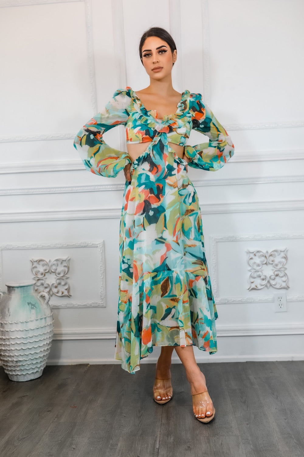 SurelyMine Bubble Sleeves Floral Cut-Out Ruffle Midi Dress