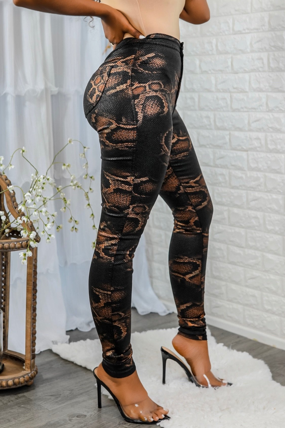 SurelyMine Coated Snake Print Skinny Jeans