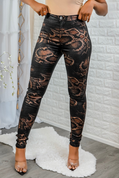 SurelyMine Coated Snake Print Skinny Jeans