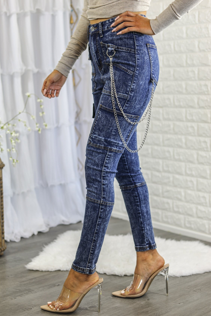 Mineral Wash High Waisted Cargo Style Skinny Jeans