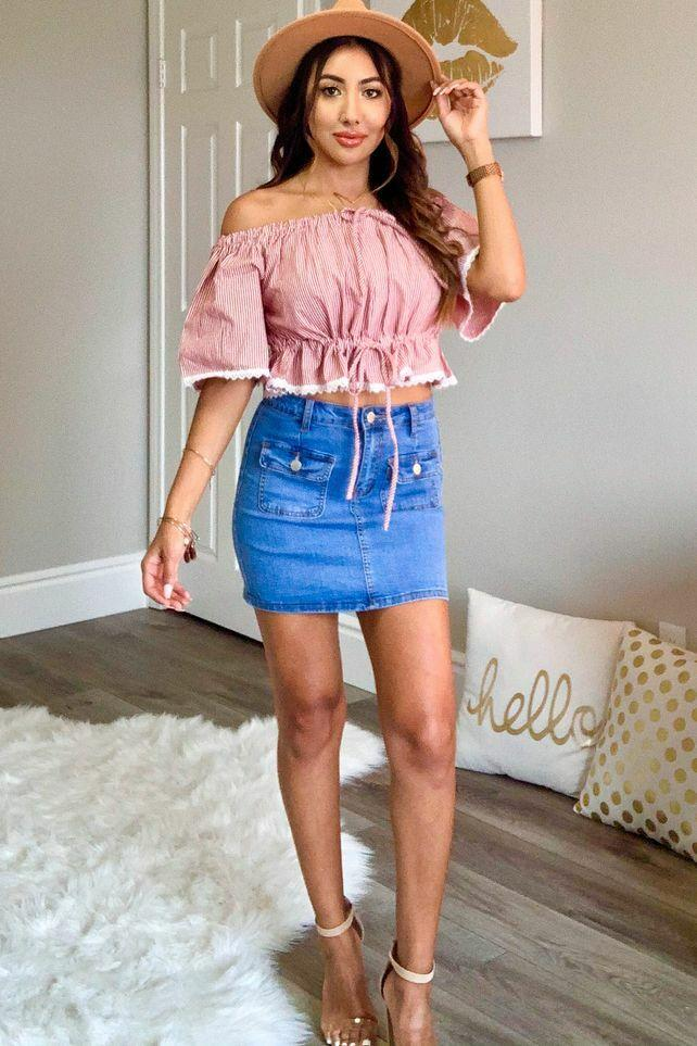 Have Some Fun Over the Shoulder Stripe Top with Lace Trim Details