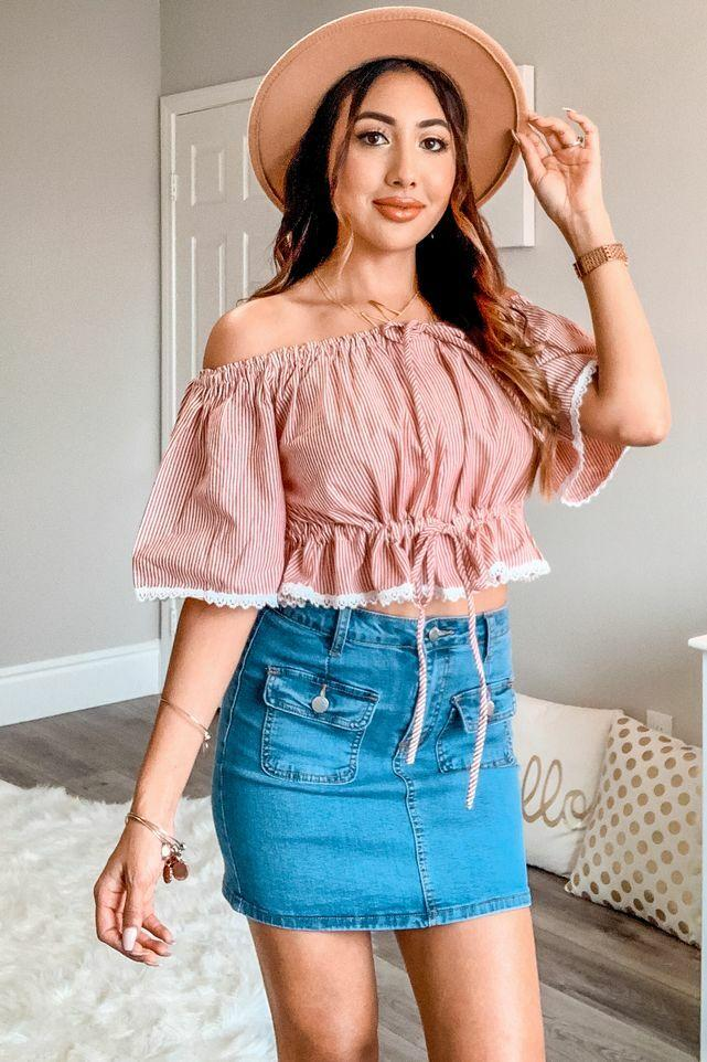 Have Some Fun Over the Shoulder Stripe Top with Lace Trim Details