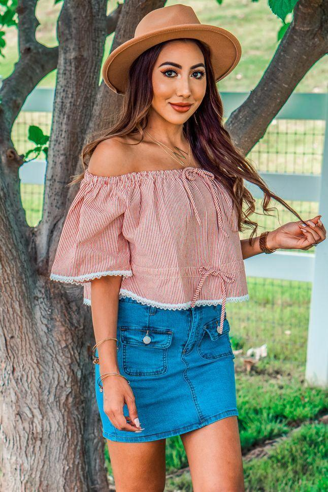 Have Some Fun Over the Shoulder Stripe Top with Lace Trim Details