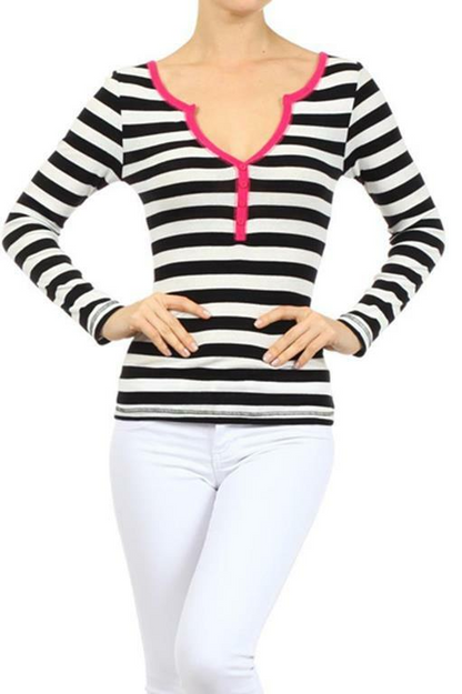 Stripes Top With Colored Hem at Neck and center Buttoning