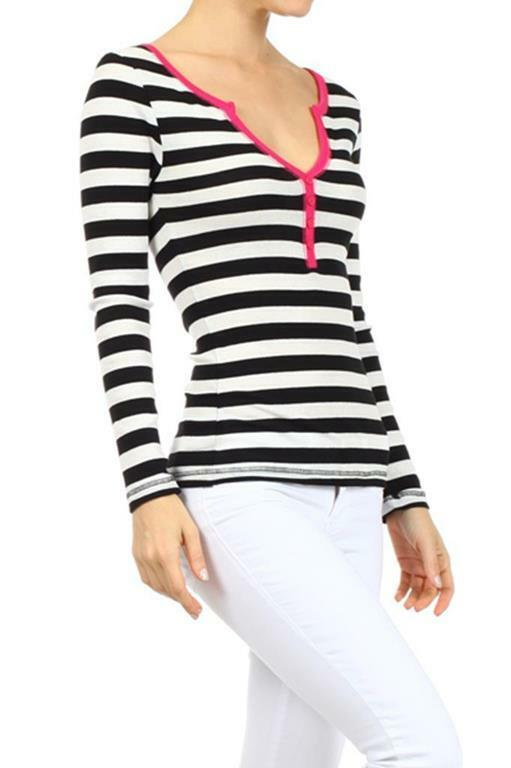 Stripes Top With Colored Hem at Neck and center Buttoning