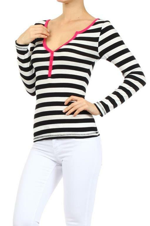 Stripes Top With Colored Hem at Neck and center Buttoning