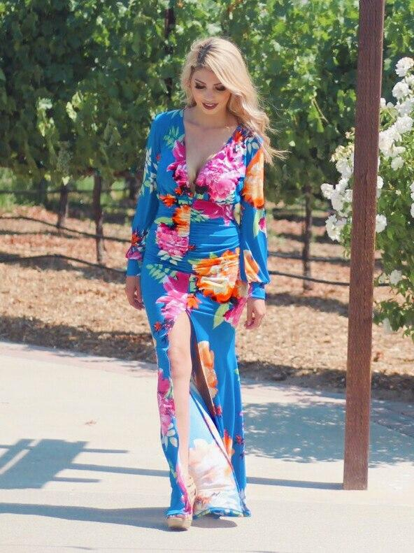 Myra Deep V Neck Long Sleeves Bodycon Floral Maxi Dress With Slit