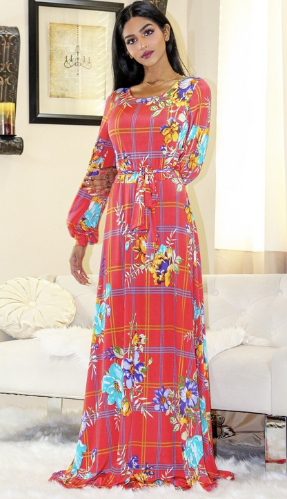 Venechia Print Round Neck Maxi Dress with long closed Bell Sleeves