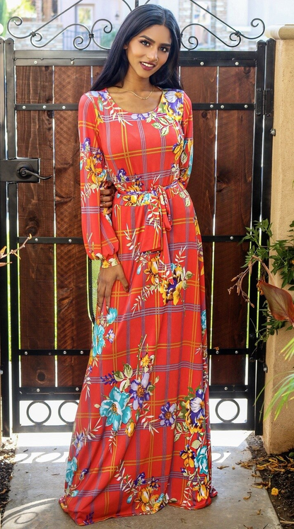 Venechia Print Round Neck Maxi Dress with long closed Bell Sleeves