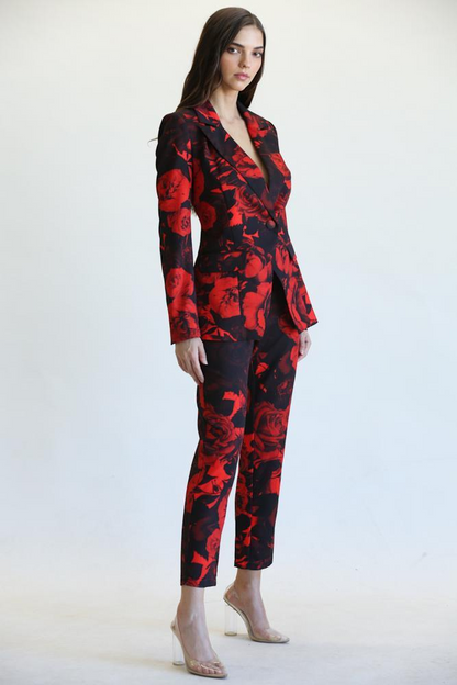 Tiva - Premium Vibrant Rose Print Blazer + Pant Ensemble