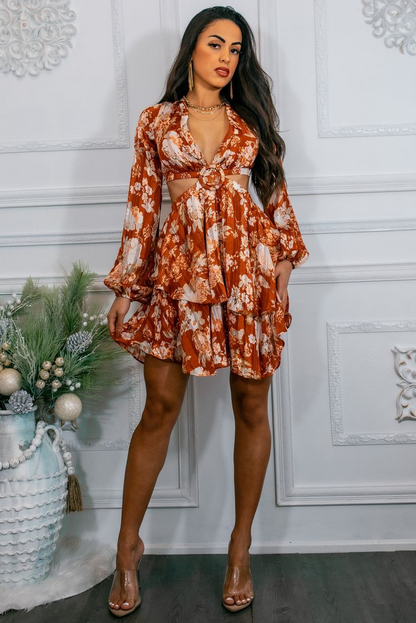 SurelyMine Bells Are Ringing Cut out  Long Sleeves Ruffle Mini Dress