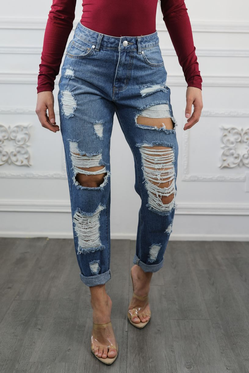 SurelyMine Destroyed and Ripped Maxed Out Boyfriend Jeans