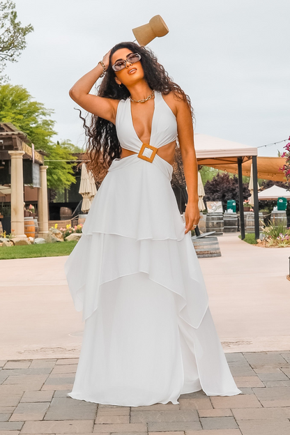 Ruffle Deep V Neckline Maxi Dress