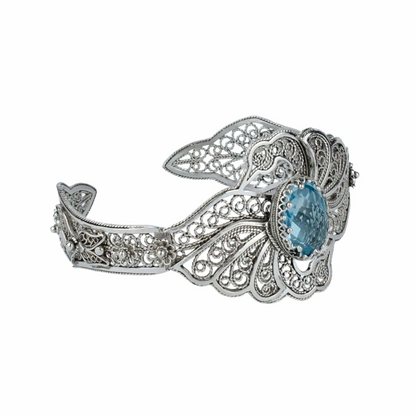 FiligranIst - Filigree Art Blue Topaz Gemstone Double Swan Figured Women Silver Cuff Bracelet