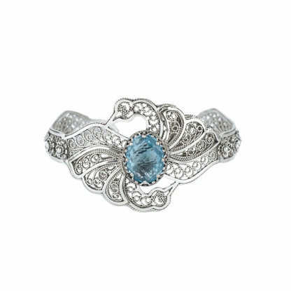 FiligranIst - Filigree Art Blue Topaz Gemstone Double Swan Figured Women Silver Cuff Bracelet