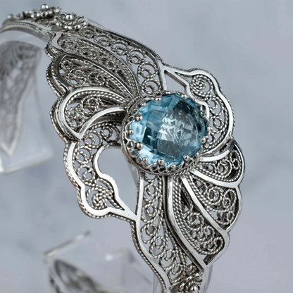 FiligranIst - Filigree Art Blue Topaz Gemstone Double Swan Figured Women Silver Cuff Bracelet