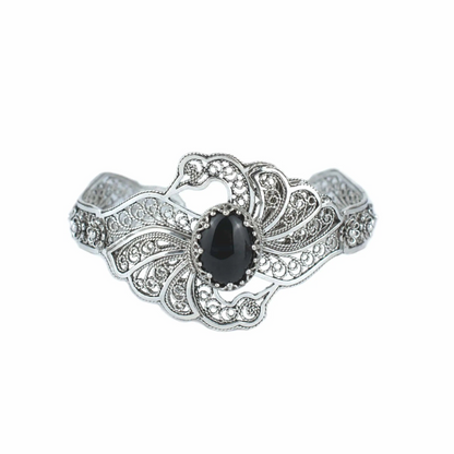 FiligranIst - Filigree Art Black Onyx Gemstone Double Swan Figured Women Silver Cuff Bracelet