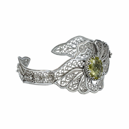 FiligranIst - Filigree Art Lemon Quartz Gemstone Double Swan Figured Women Silver Cuff Bracelet