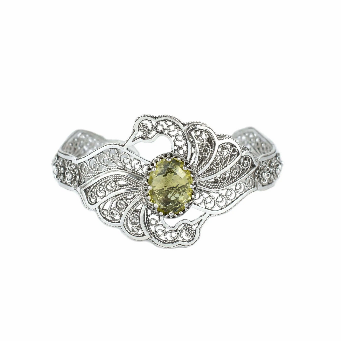 FiligranIst - Filigree Art Lemon Quartz Gemstone Double Swan Figured Women Silver Cuff Bracelet