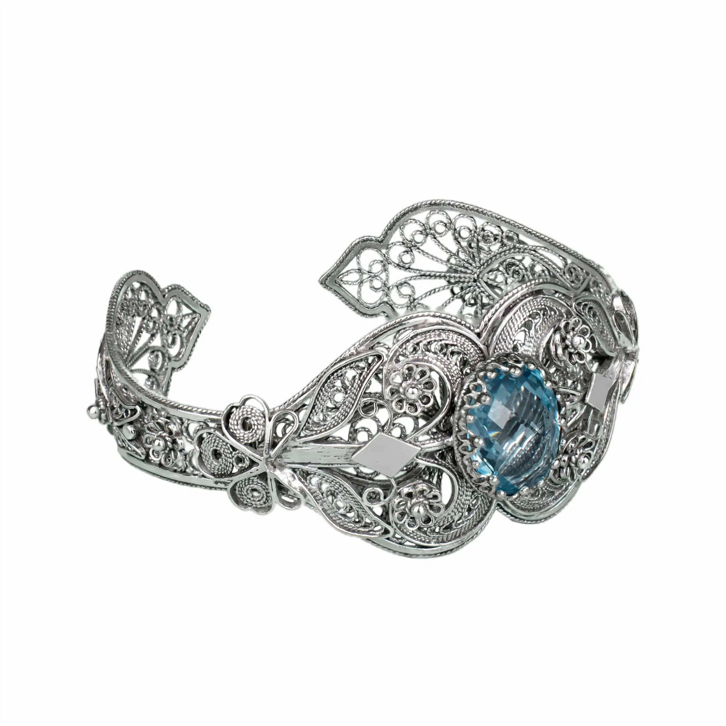 FiligranIst - Sterling Silver Filigree Art Blue Topaz Gemstone Women Cuff Bracelet