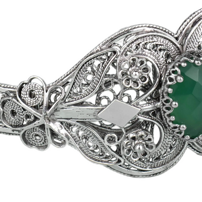 FiligranIst - Sterling Silver Filigree Art Green Agate Gemstone Women Cuff Bracelet