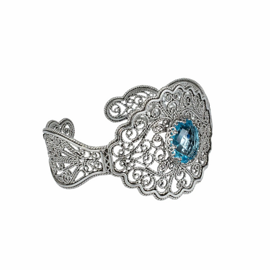 FiligranIst - Filigree Art Blue Topaz Gemstone Lace Detailed Women Silver Cuff Bracelet