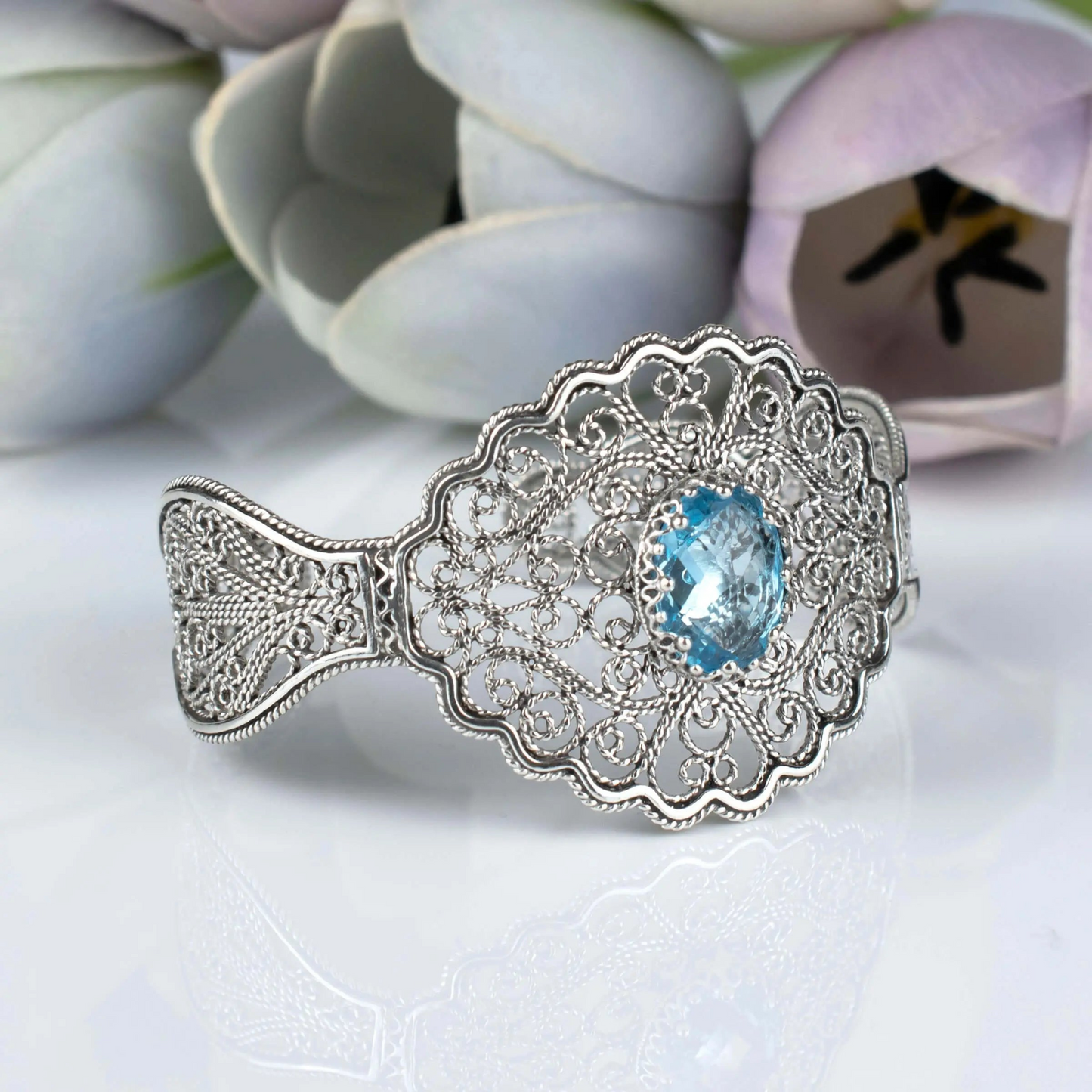 FiligranIst - Filigree Art Blue Topaz Gemstone Lace Detailed Women Silver Cuff Bracelet