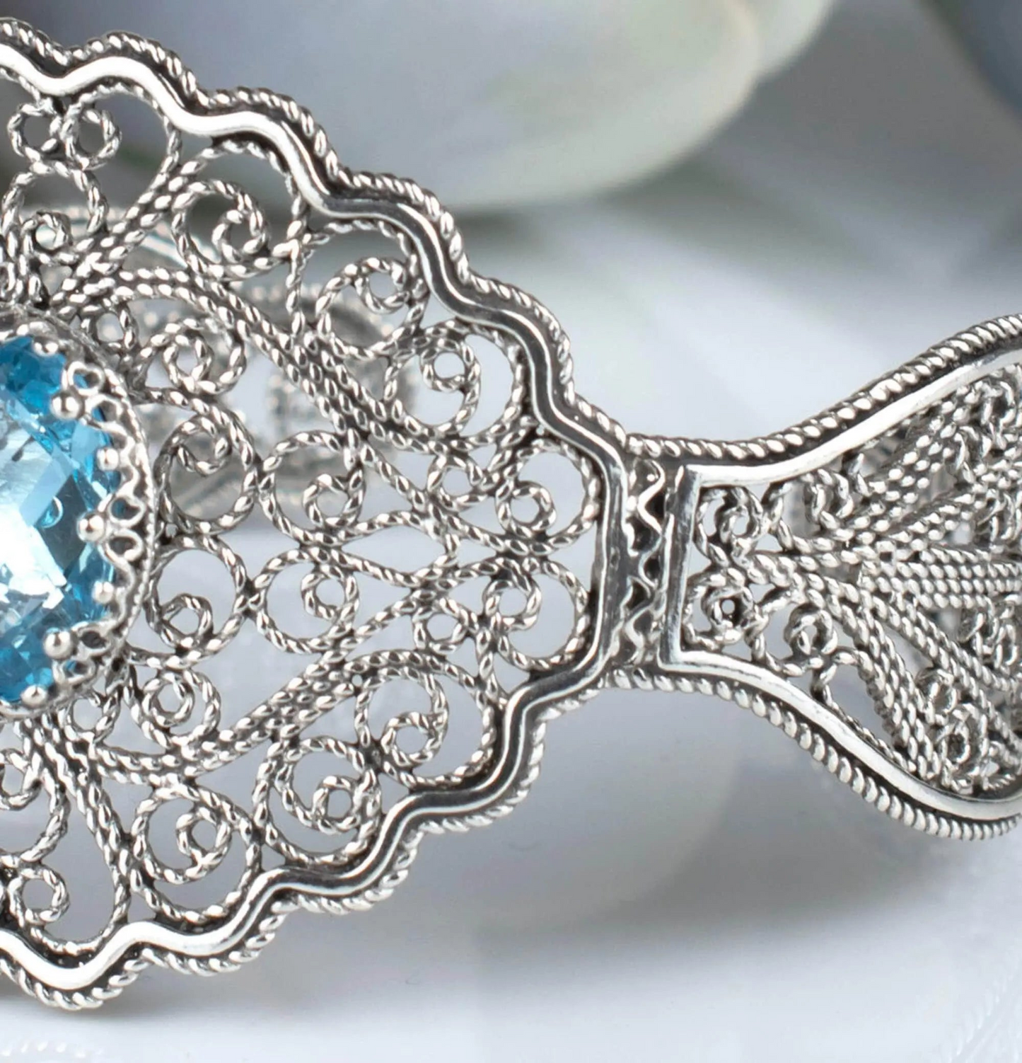 FiligranIst - Filigree Art Blue Topaz Gemstone Lace Detailed Women Silver Cuff Bracelet