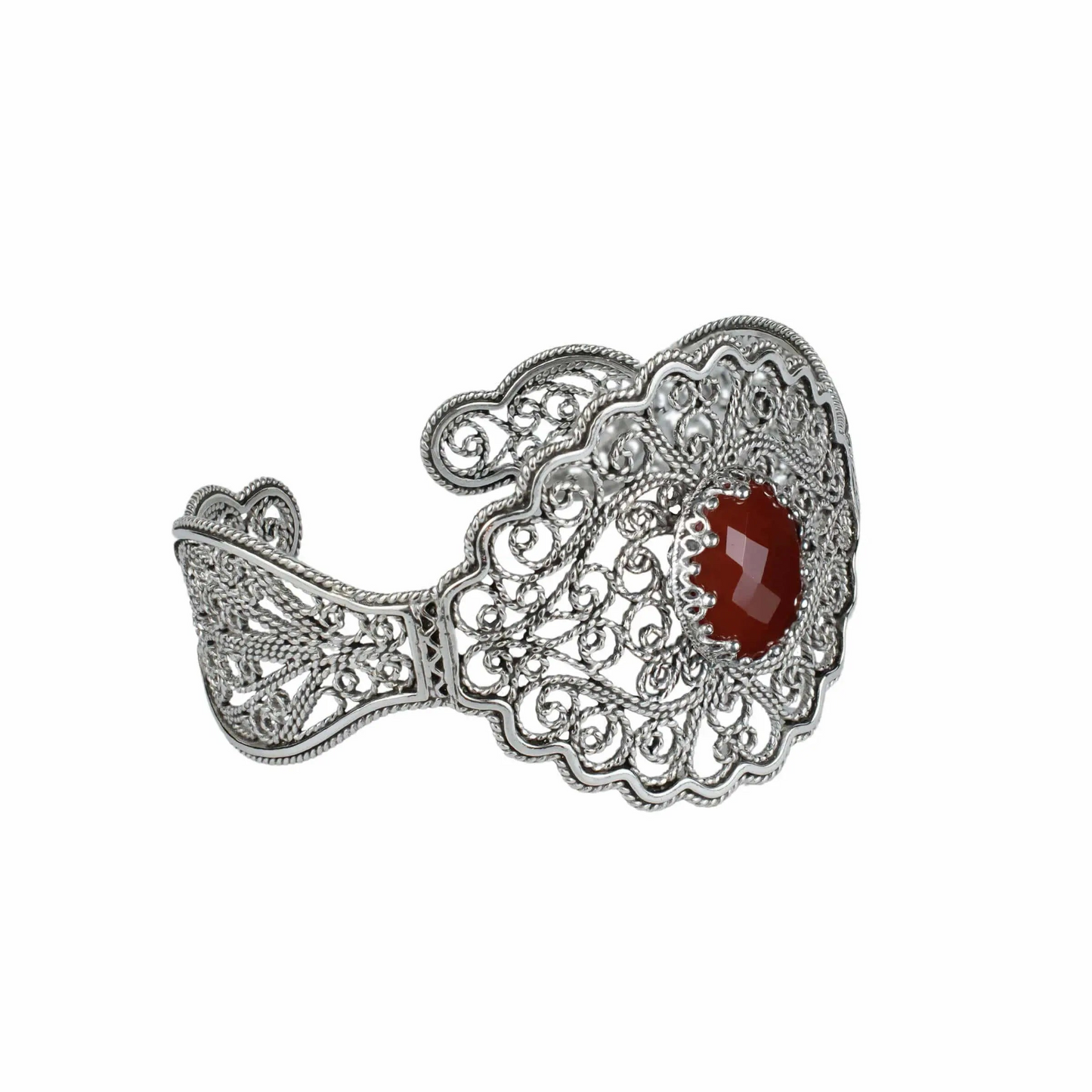 FiligranIst - Filigree Art Carnelian Gemstone Lace Detailed Women Silver Cuff Bracelet