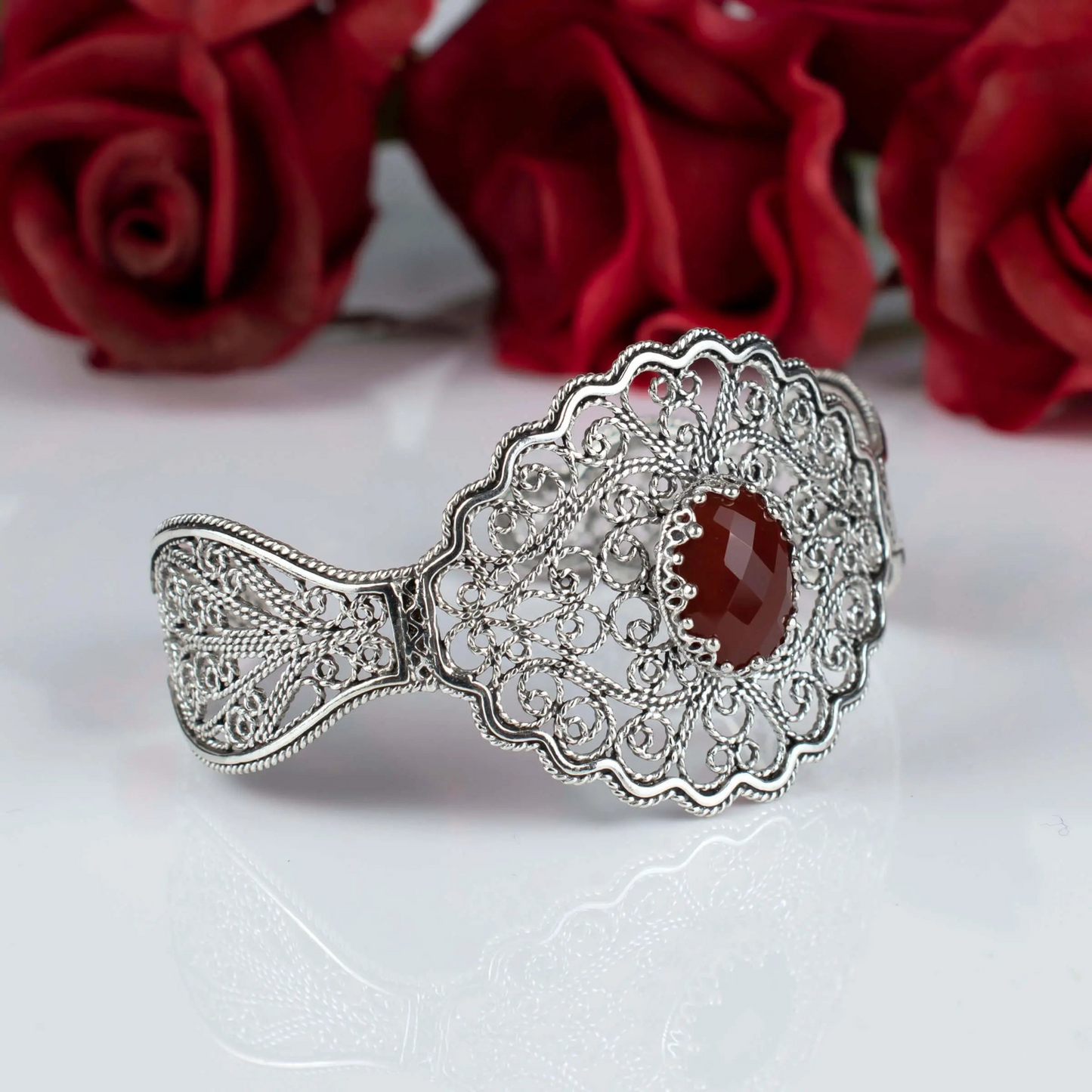 FiligranIst - Filigree Art Carnelian Gemstone Lace Detailed Women Silver Cuff Bracelet