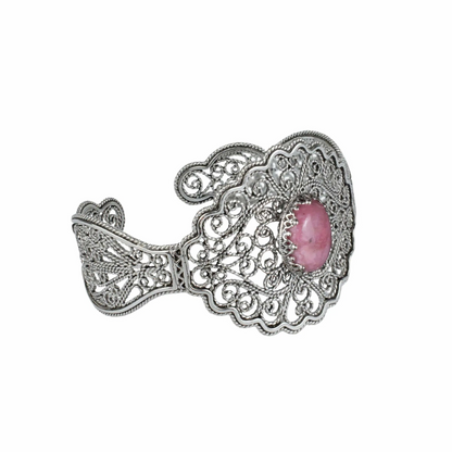 FiligranIst - Filigree Art Rhodonite Gemstone Lace Detailed Women Silver Cuff Bracelet