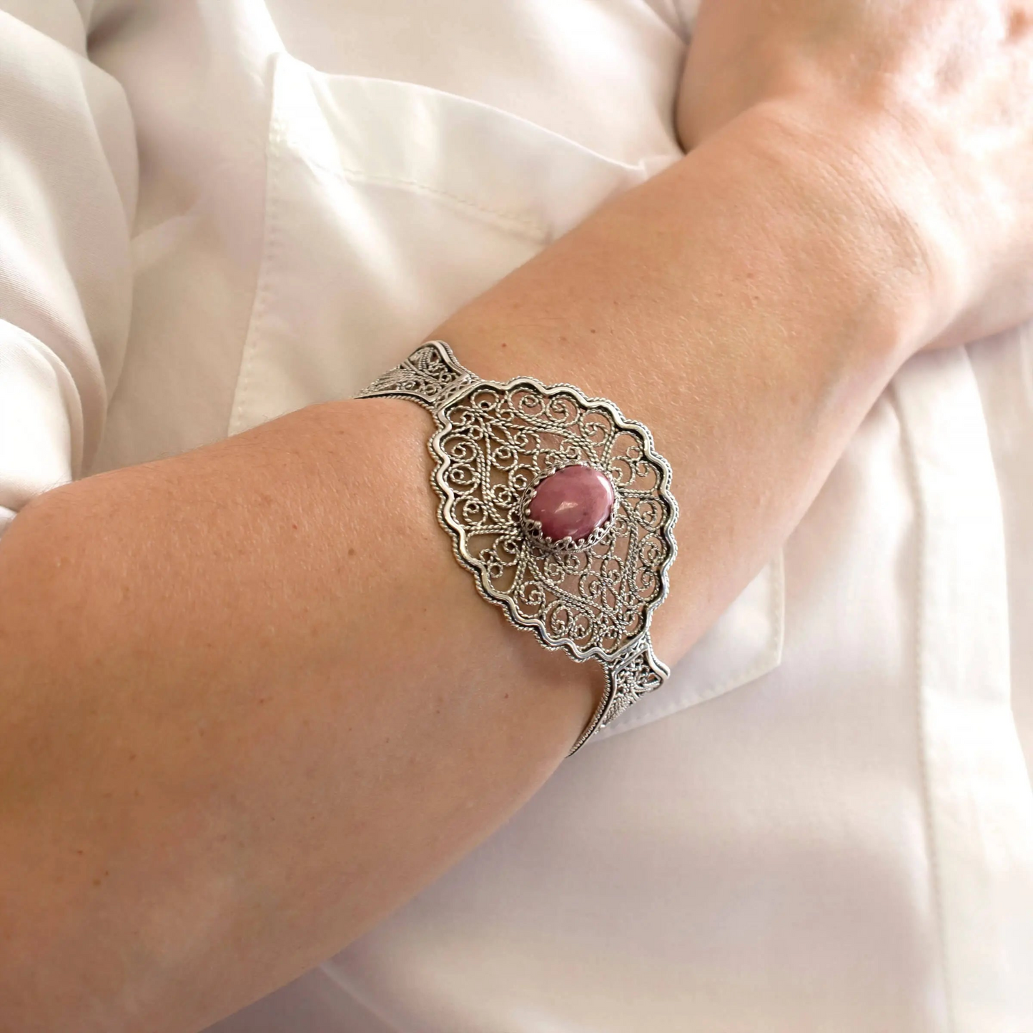 FiligranIst - Filigree Art Rhodonite Gemstone Lace Detailed Women Silver Cuff Bracelet