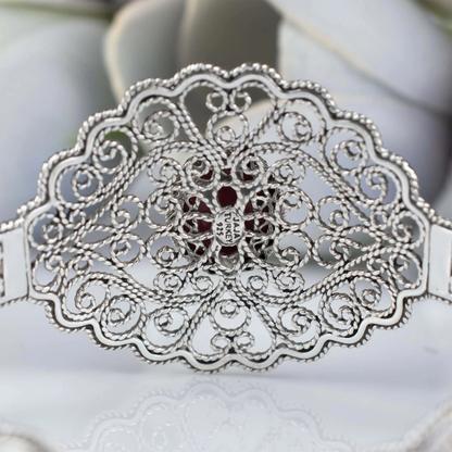 FiligranIst - Filigree Art Rhodonite Gemstone Lace Detailed Women Silver Cuff Bracelet