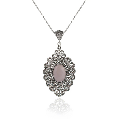 FiligranIst - Sterling Silver Filigree Art Rose Quartz Floral Oval Pendant Necklace