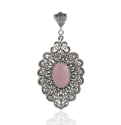 FiligranIst - Sterling Silver Filigree Art Rose Quartz Floral Oval Pendant Necklace