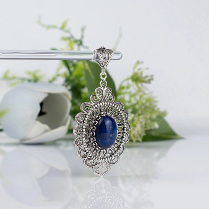 FiligranIst - Sterling Silver Filigree Art Lapis Lazuli Floral Oval Pendant Necklace