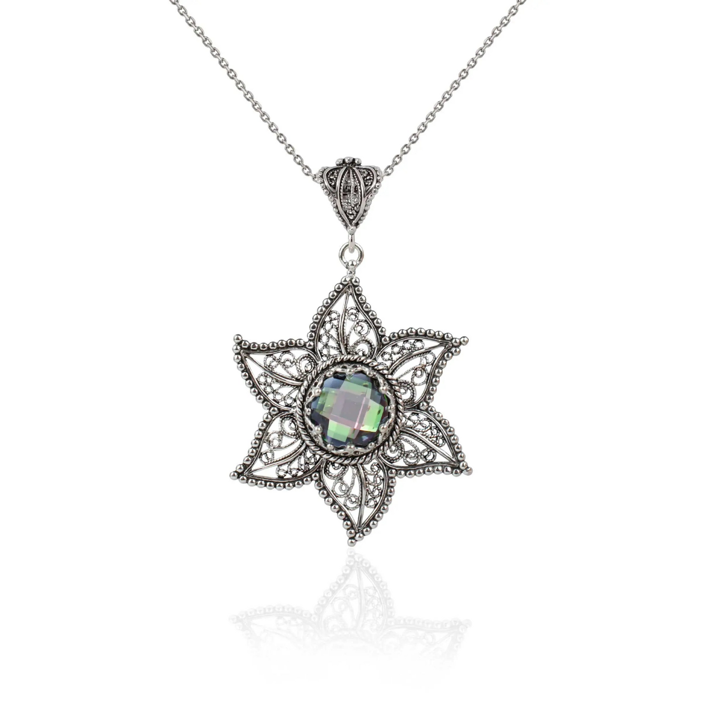 FiligranIst - Handcrafted Sterling Silver Filigree Art Rainbow Quartz Star Design Pendant Necklace